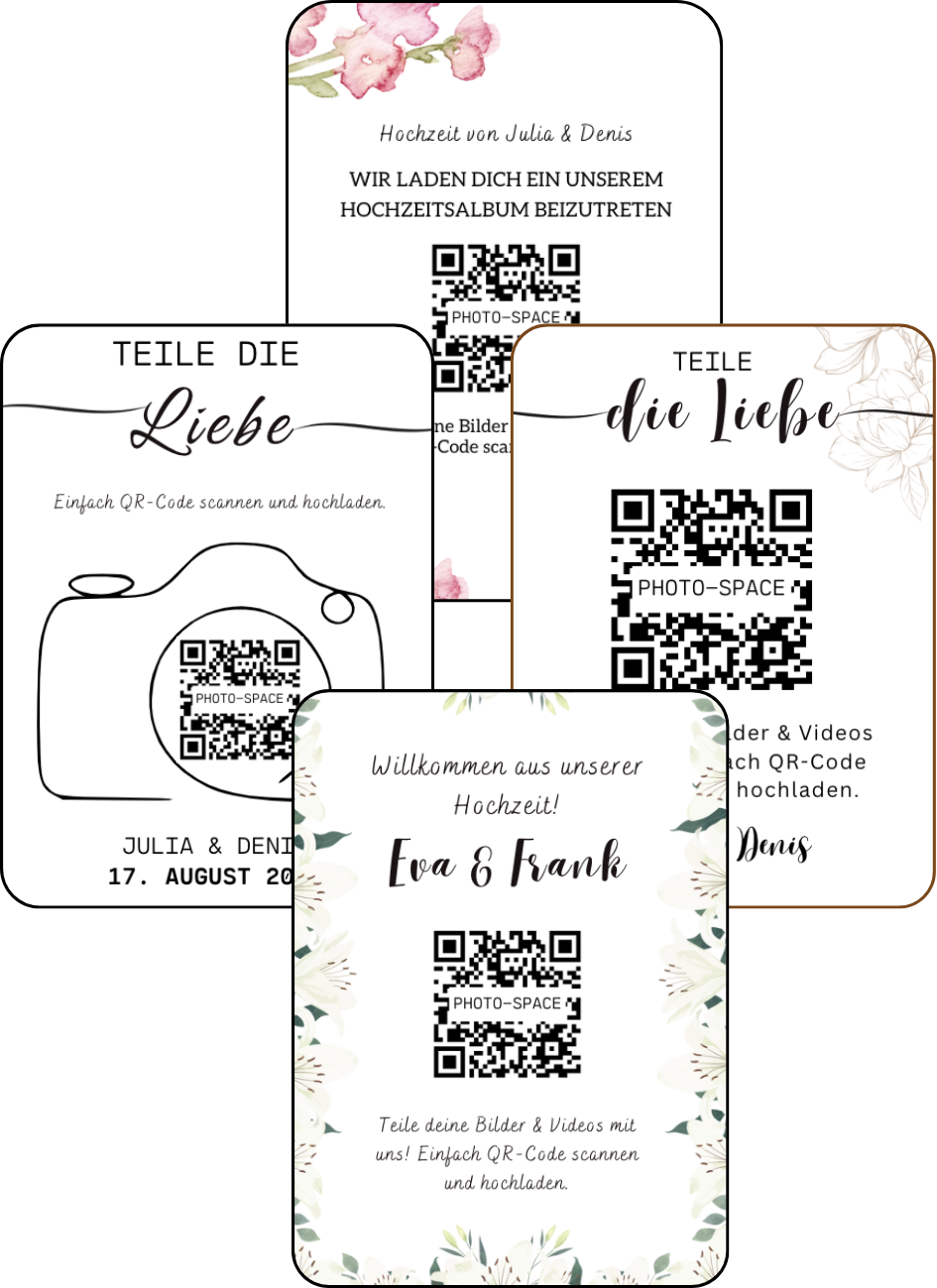 Verschiedene QR-Code Kartendesigns für Hochzeiten